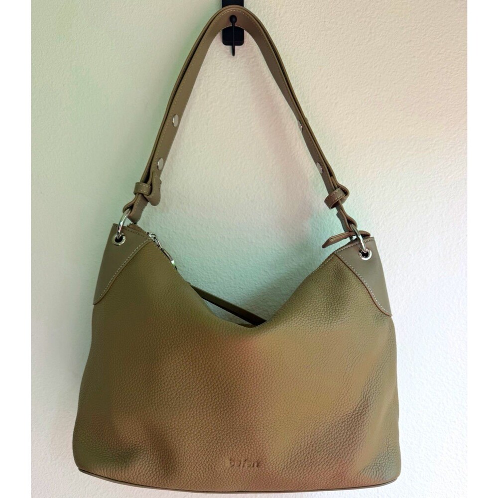 Befen Leather Beige Pebbled Shoulder Bag Solid Silver Hardware Zip Outer Pockets